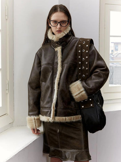 Vintage Brown Shearling Leather Jacket With Fur Collar