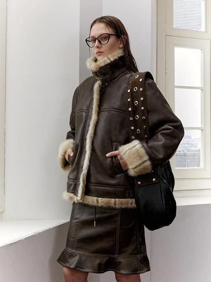 Vintage Brown Shearling Leather Jacket With Fur Collar