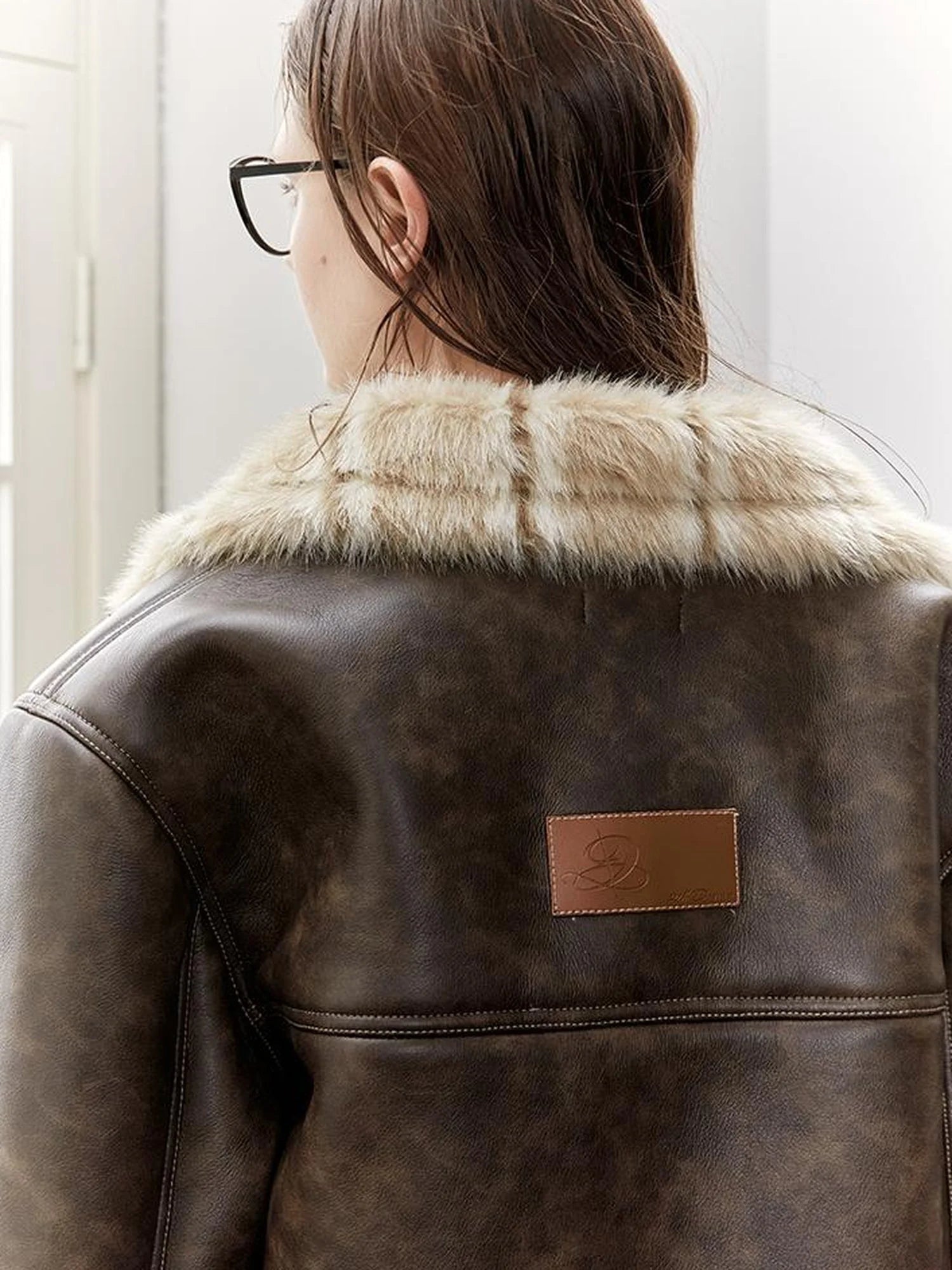 Vintage Brown Shearling Leather Jacket With Fur Collar