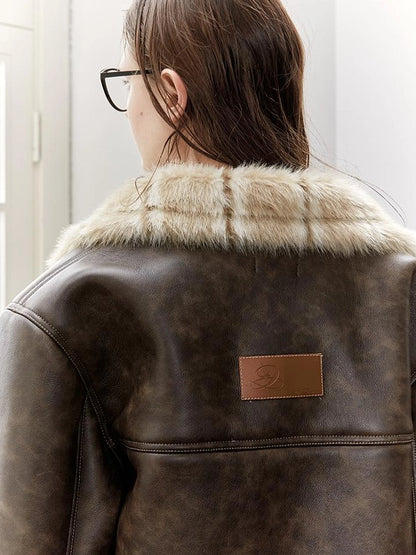 Vintage Brown Shearling Leather Jacket With Fur Collar