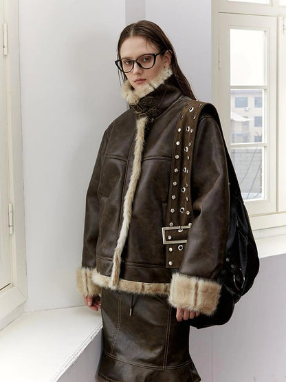 Vintage Brown Shearling Leather Jacket With Fur Collar