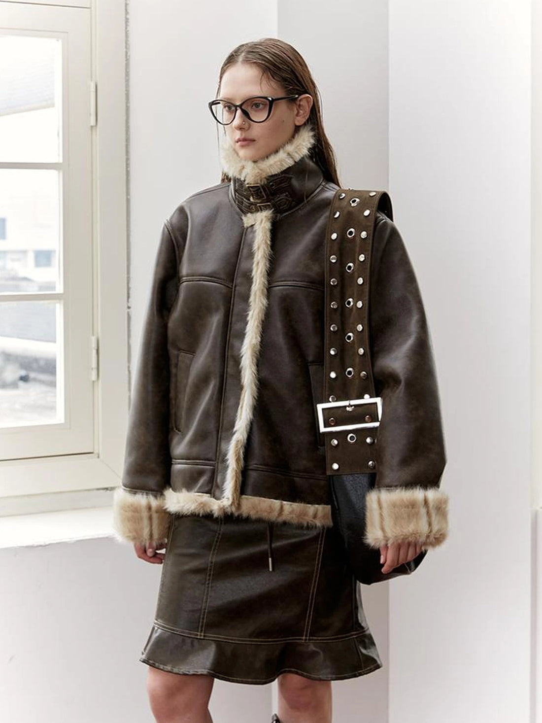 Vintage Brown Shearling Leather Jacket With Fur Collar
