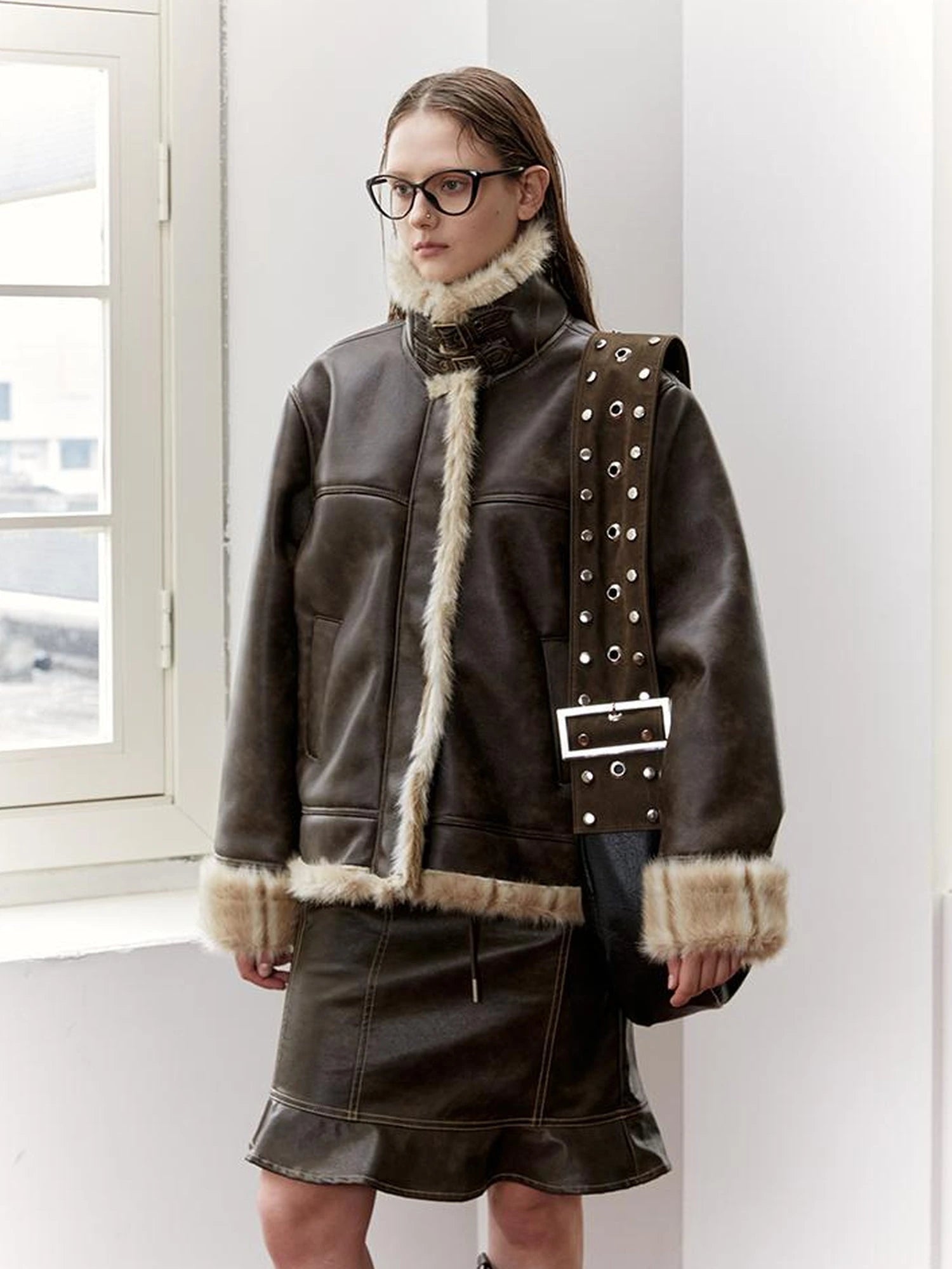Vintage Brown Shearling Leather Jacket With Fur Collar