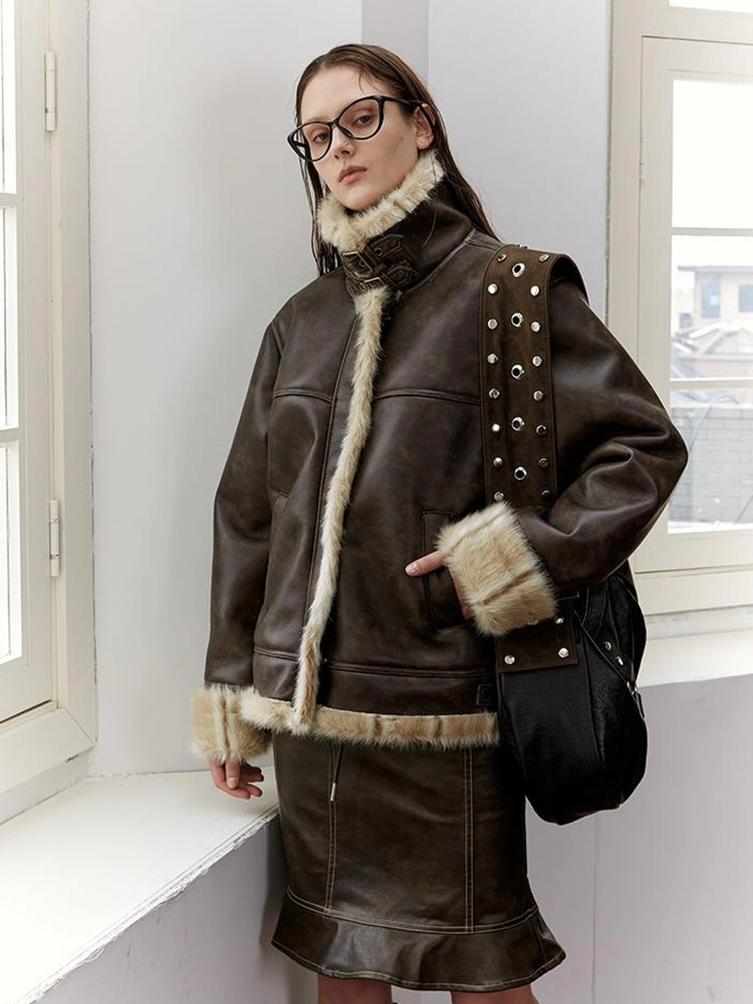 Vintage Brown Shearling Leather Jacket With Fur Collar