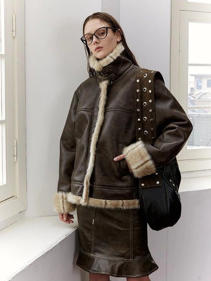 Vintage Brown Shearling Leather Jacket With Fur Collar