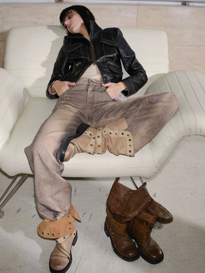 2th Desire Vintage Brown Stacked Mid Calf Punk Boots Boots