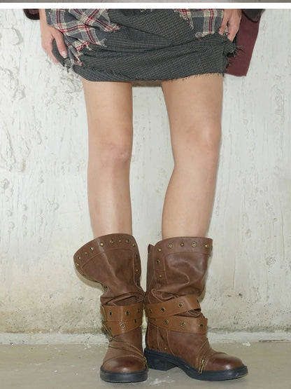 2th Desire Vintage Brown Stacked Mid Calf Punk Boots Boots