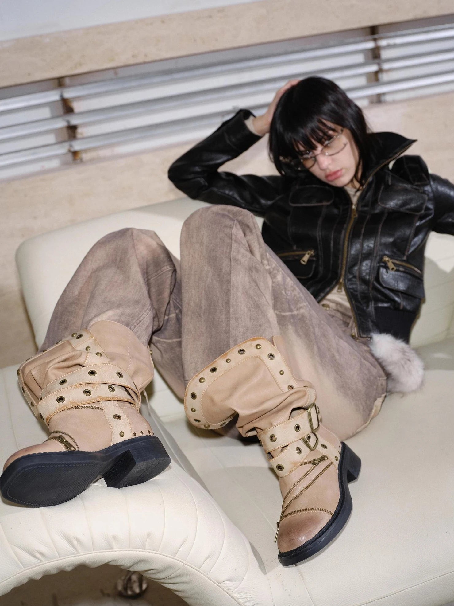 2th Desire Vintage Brown Stacked Mid Calf Punk Boots Boots