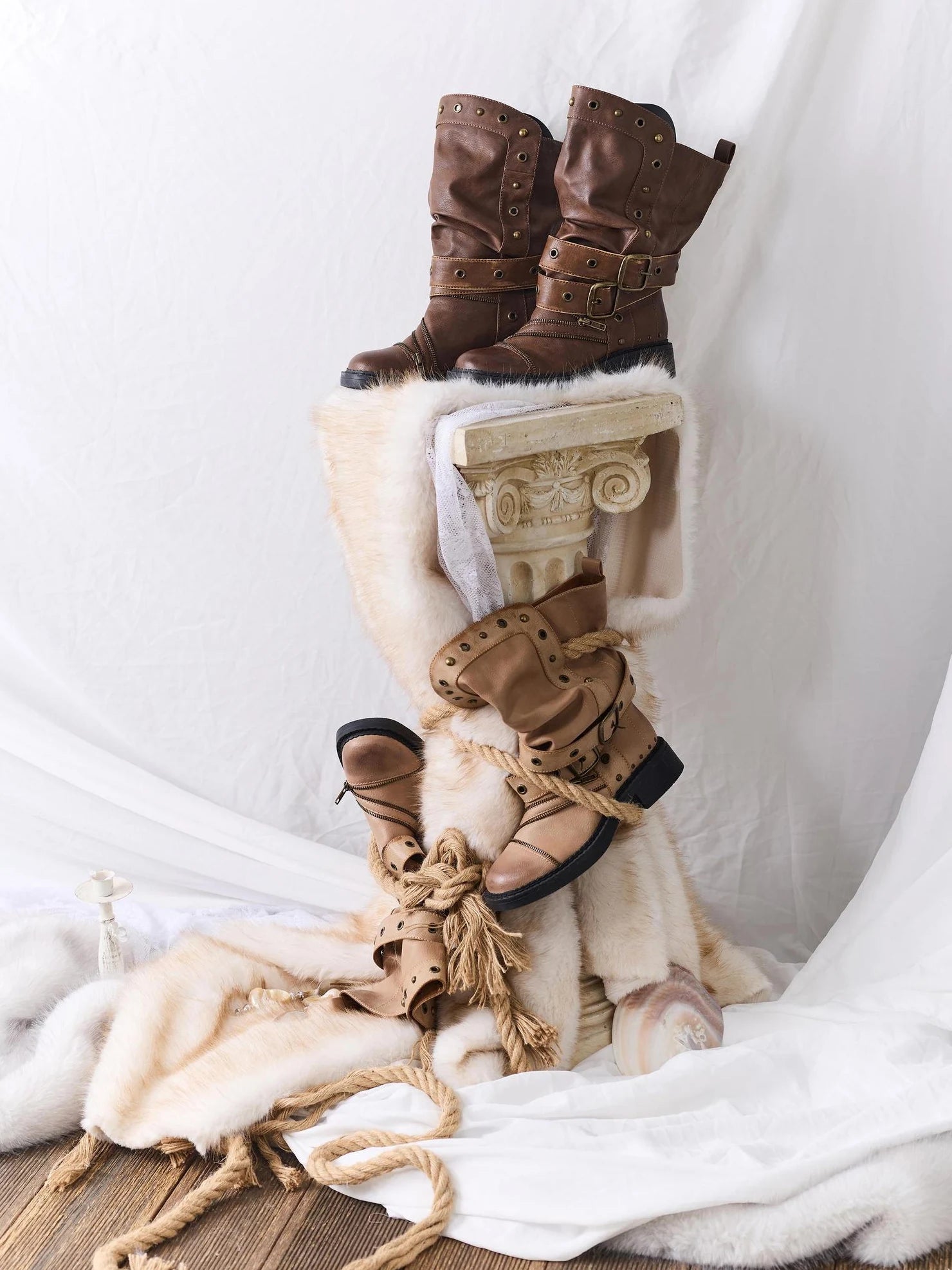 2th Desire Vintage Brown Stacked Mid Calf Punk Boots Boots