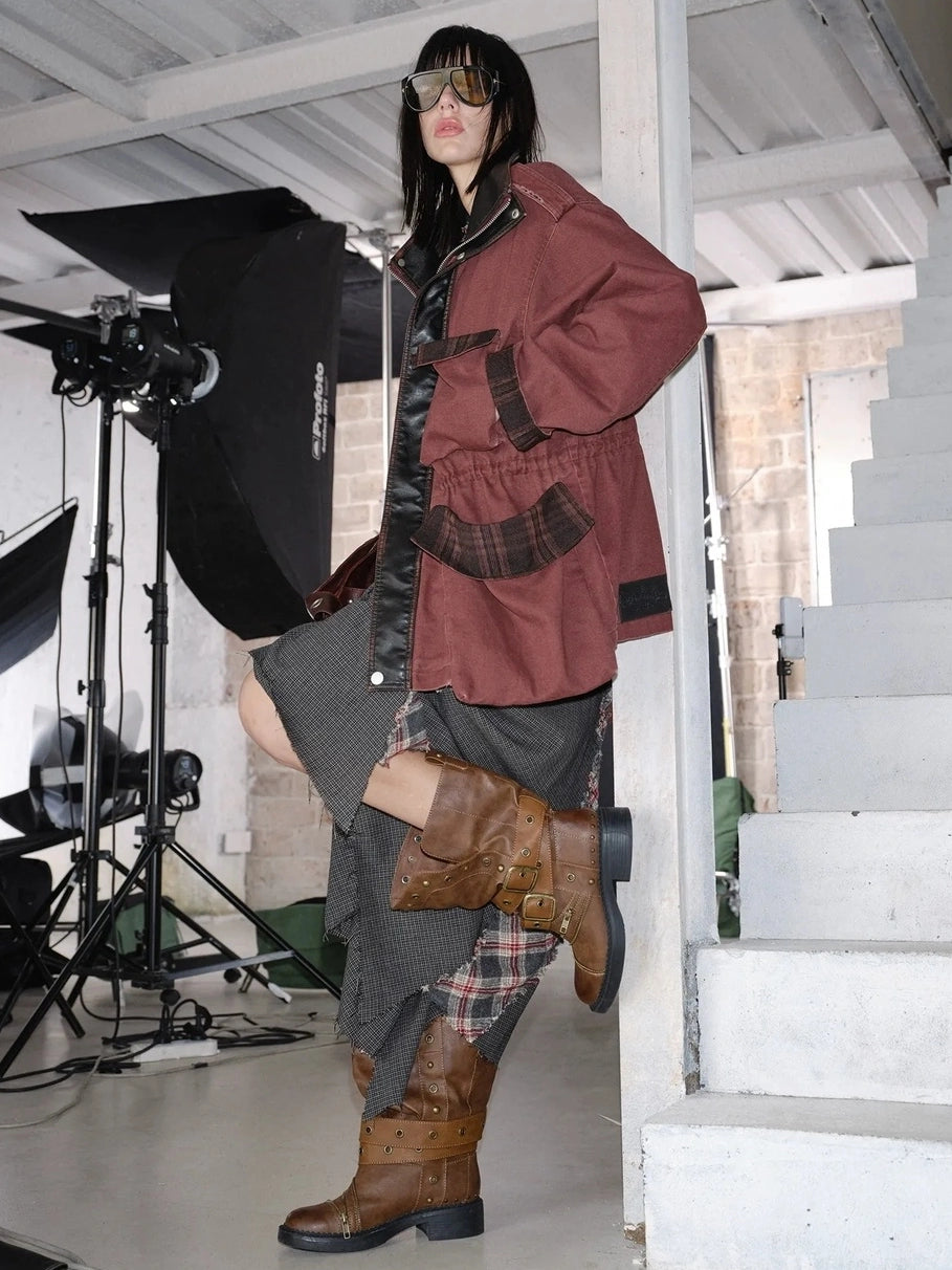 2th Desire Vintage Brown Stacked Mid Calf Punk Boots Boots