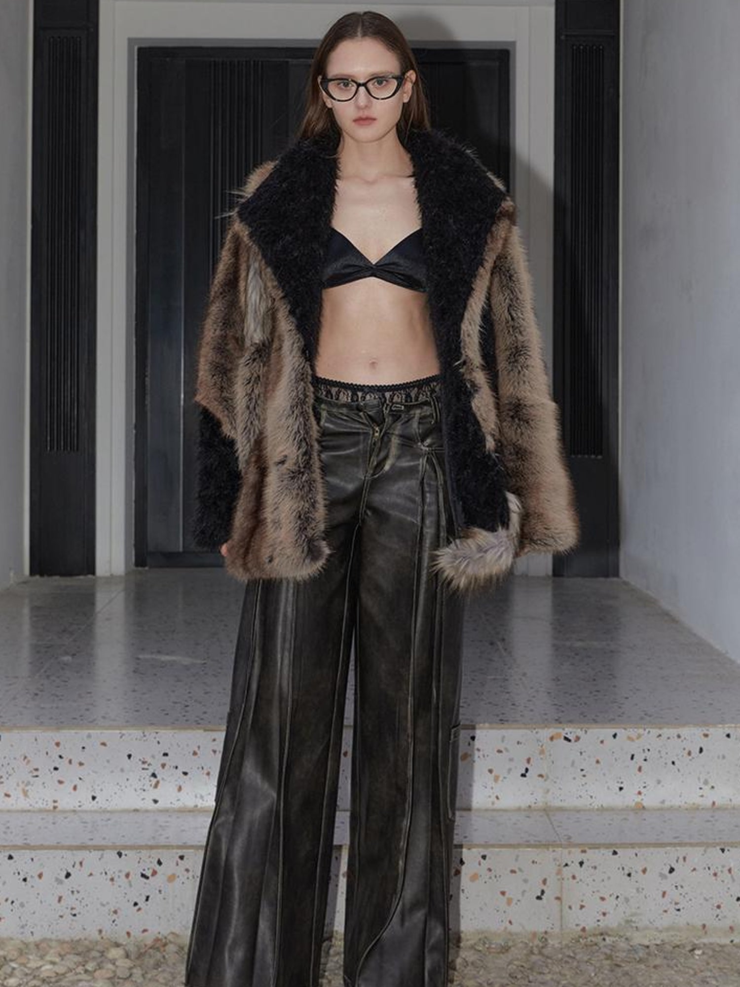 2th Desire Vintage Chunky Color Block Faux Fur Winter Coat
