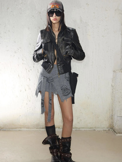 Vintage Distressed Punk Zipper Biker Jacket