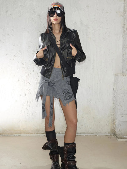 Vintage Distressed Punk Zipper Biker Jacket