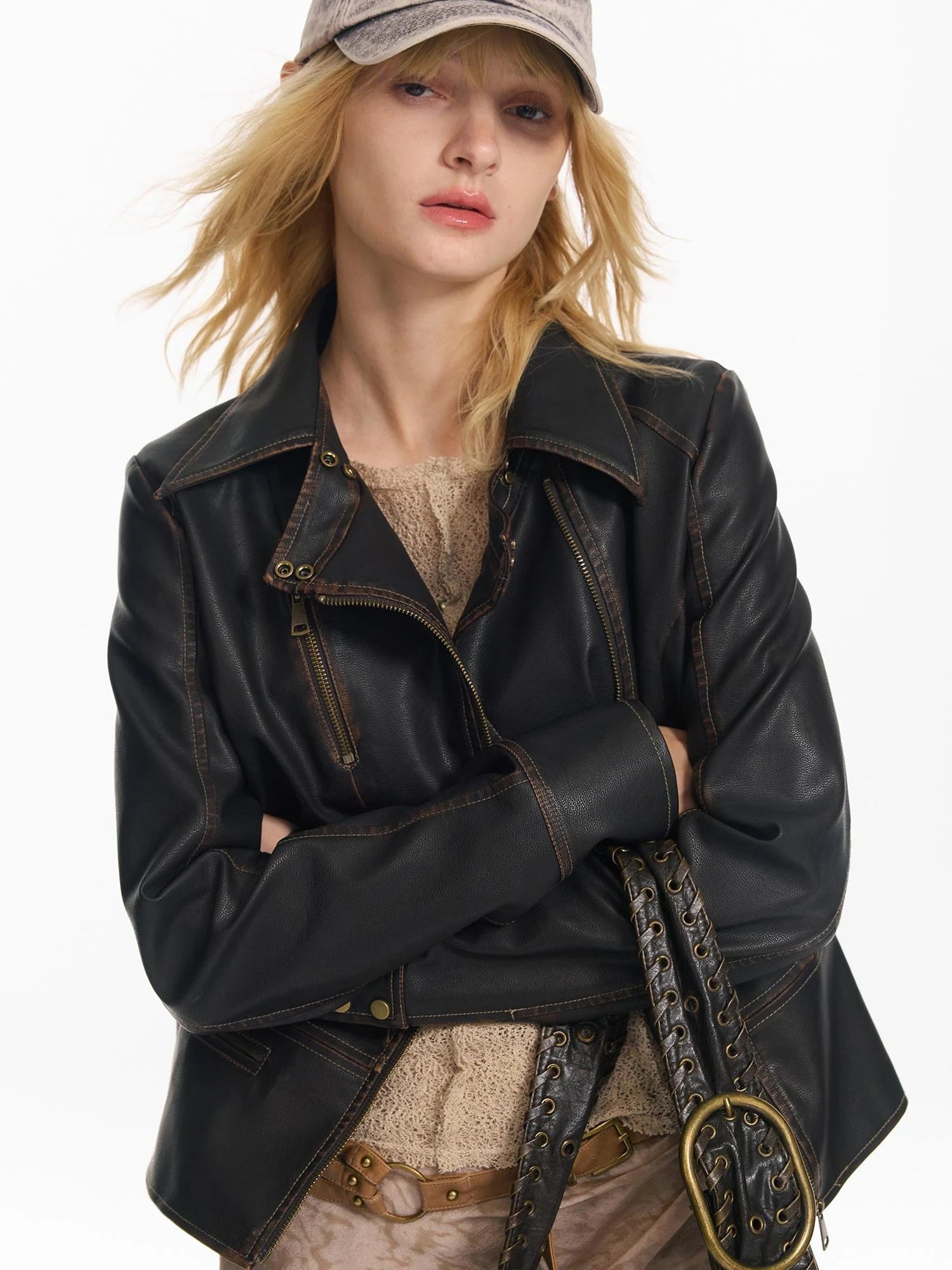 Vintage Fitted Motorcycle Jacket With Punk Detailing