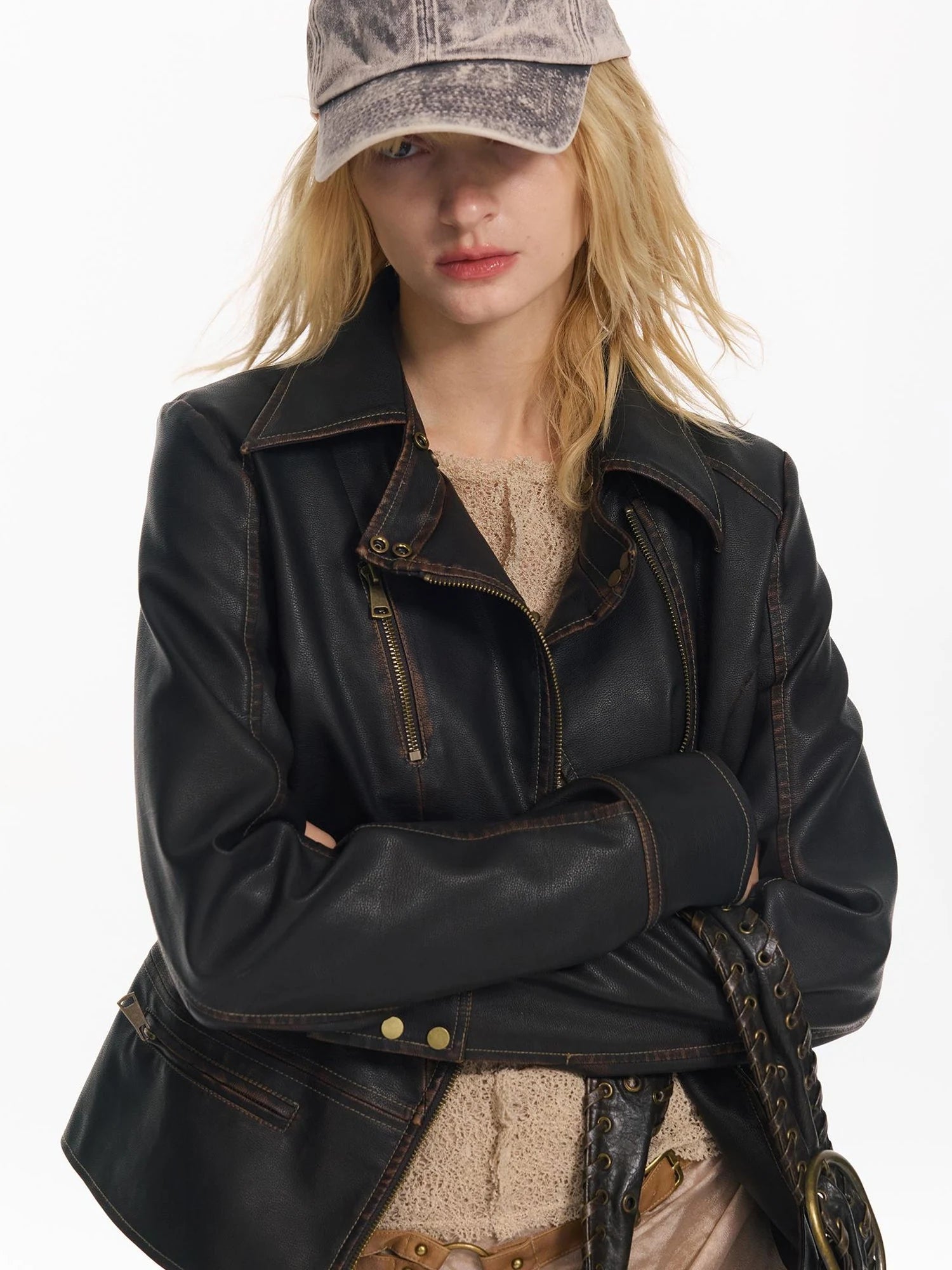 Vintage Fitted Motorcycle Jacket With Punk Detailing