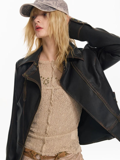 Vintage Fitted Motorcycle Jacket With Punk Detailing