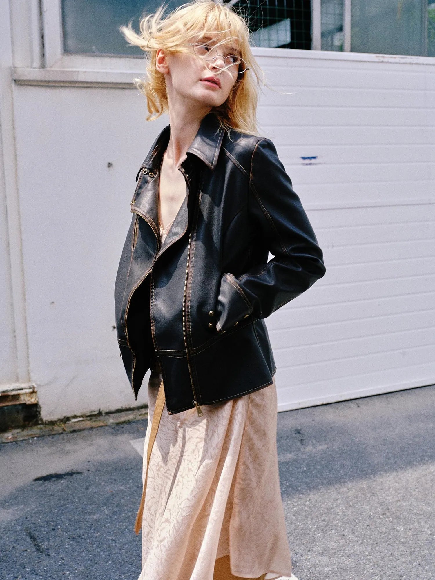 Vintage Fitted Motorcycle Jacket With Punk Detailing