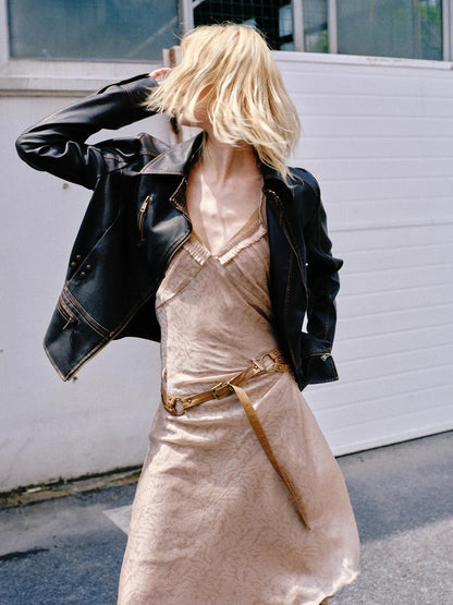 Vintage Fitted Motorcycle Jacket With Punk Detailing