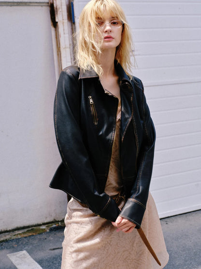 Vintage Fitted Motorcycle Jacket With Punk Detailing