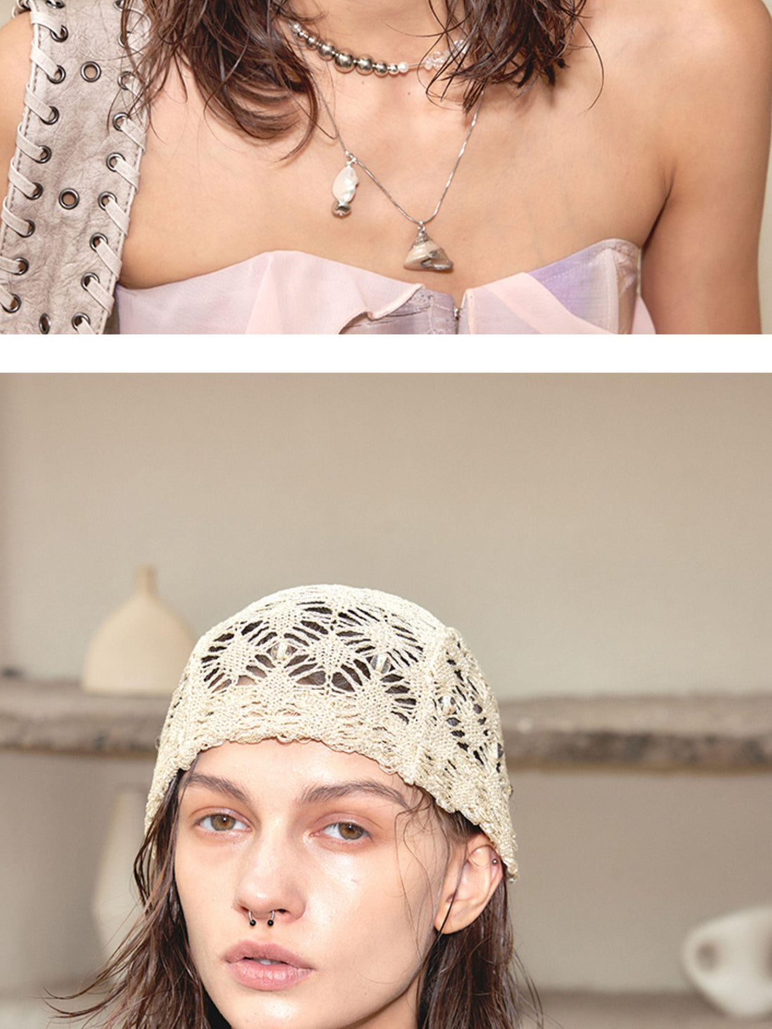 2th Desire Vintage French Beaded Knit Lace Scarf Cap