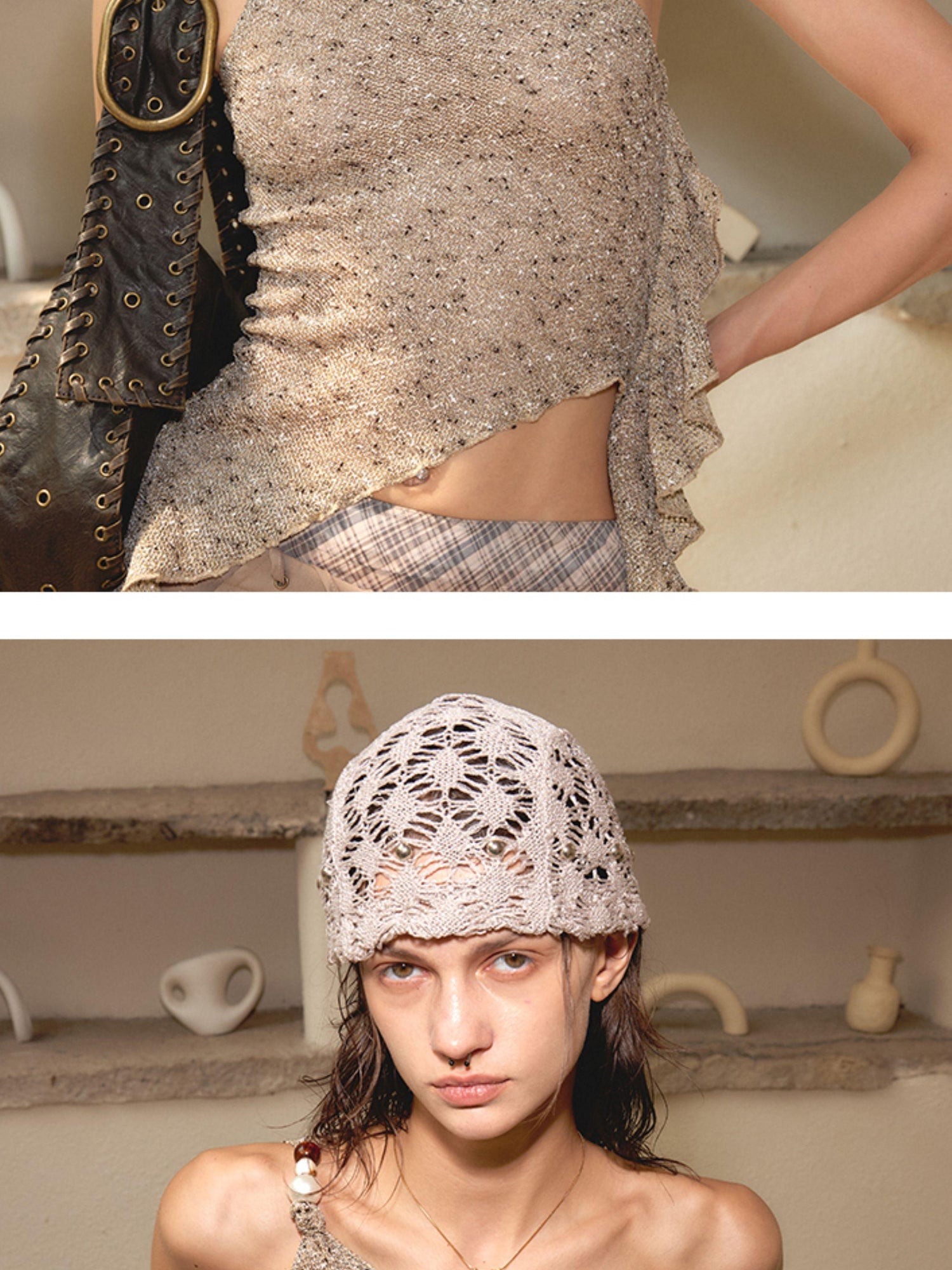 2th Desire Vintage French Beaded Knit Lace Scarf Cap