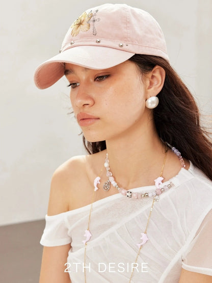 2th Desire Vintage Hibiscus Punk Studded Embroidered Baseball Cap Hat