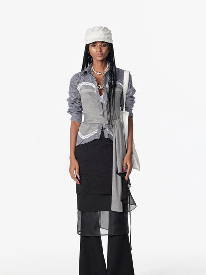 Vintage Lace Plaid Striped Knit Tie Up Long Sleeve Shirt