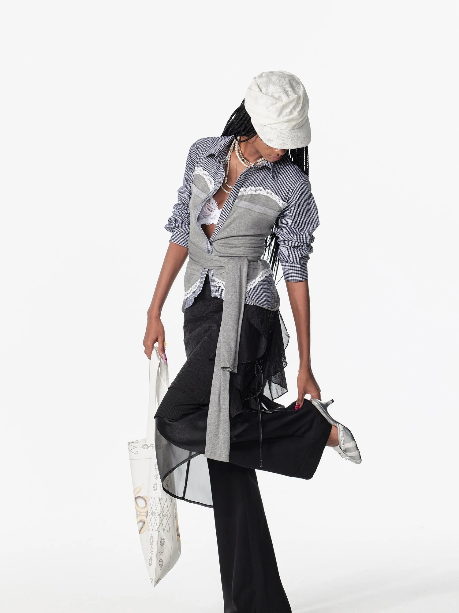 Vintage Lace Plaid Striped Knit Tie Up Long Sleeve Shirt