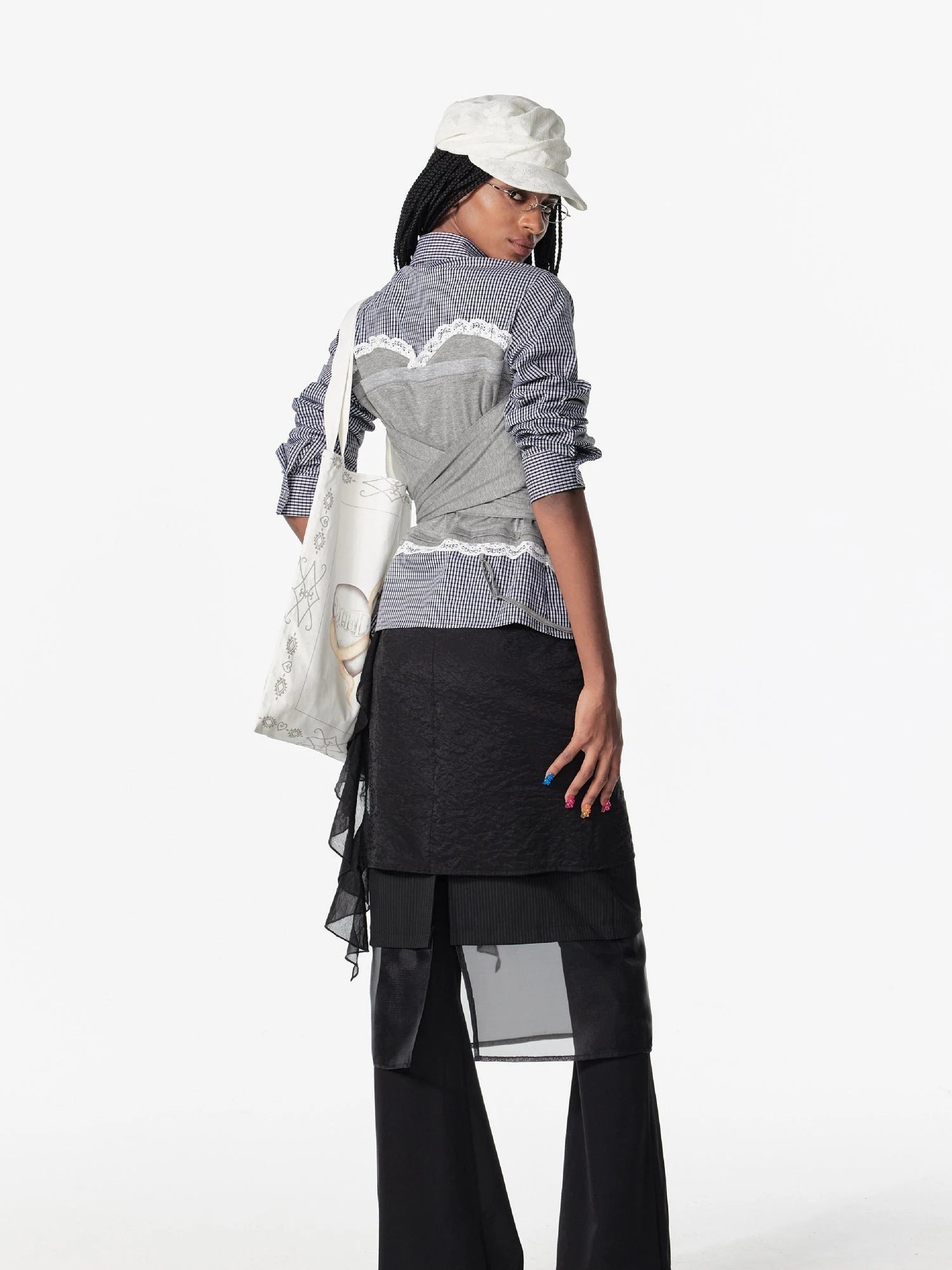 Vintage Lace Plaid Striped Knit Tie Up Long Sleeve Shirt