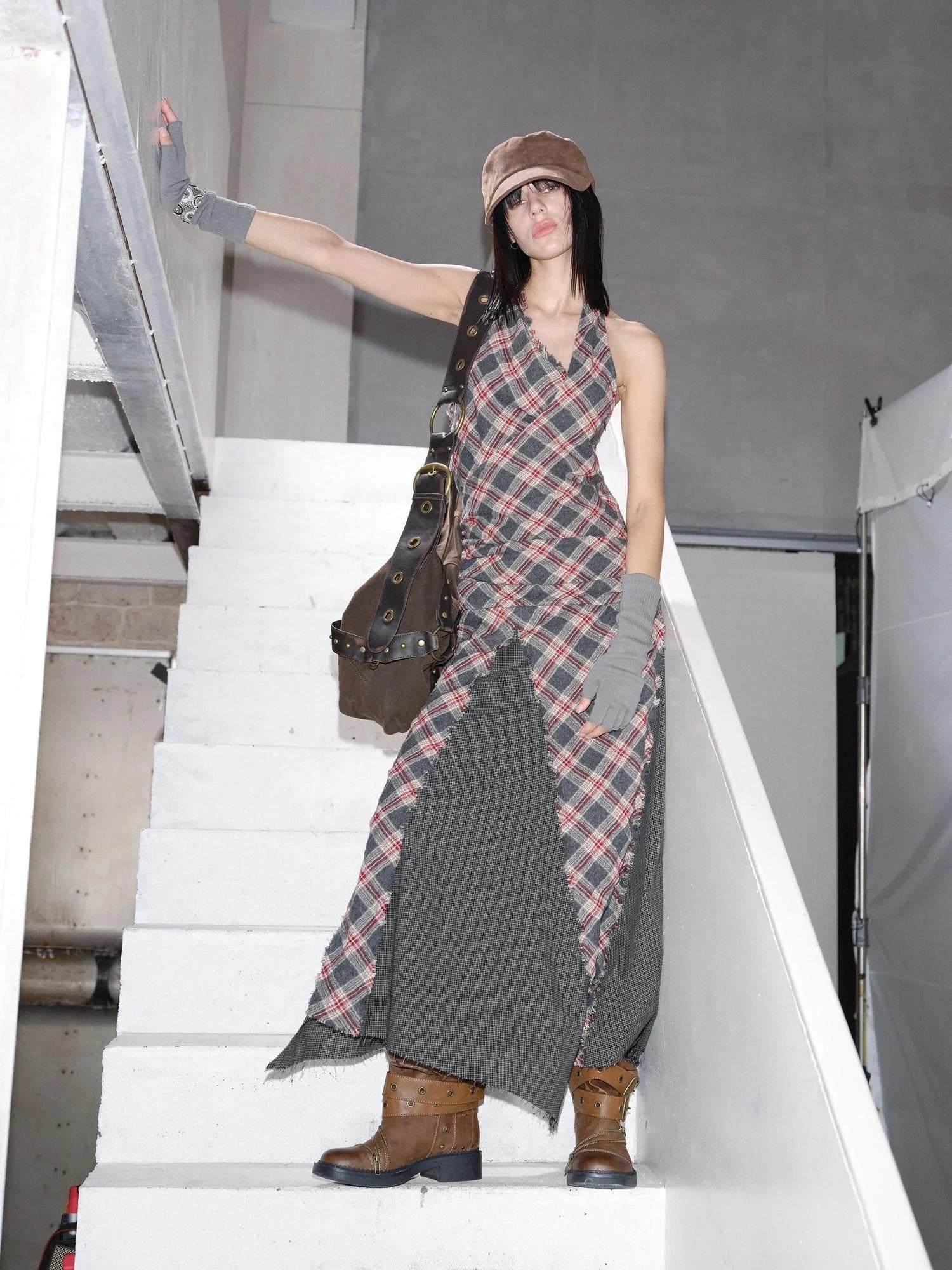 Vintage Plaid Wool Blend Sleeveless Slip Maxi Dress