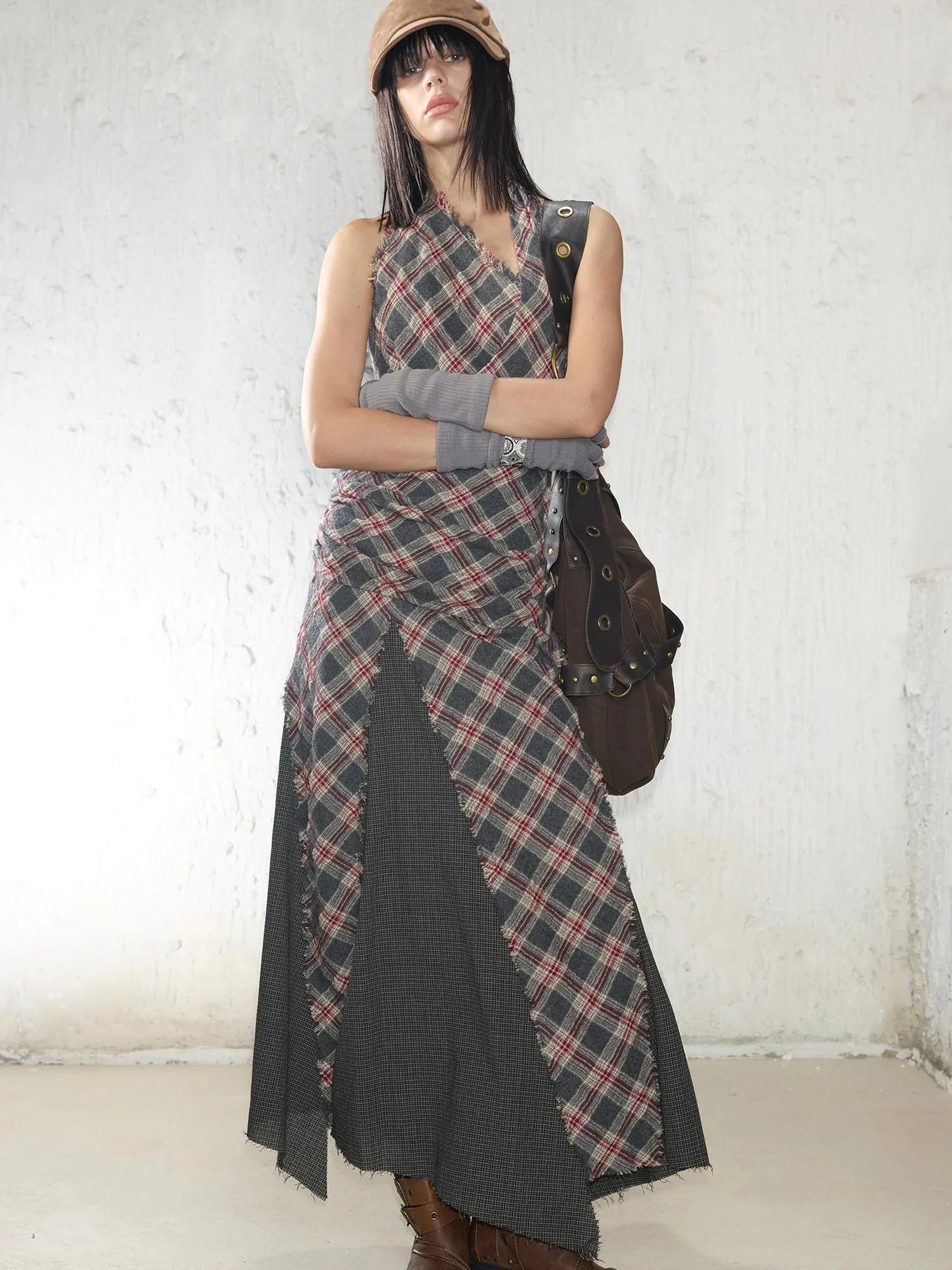 Vintage Plaid Wool Blend Sleeveless Slip Maxi Dress