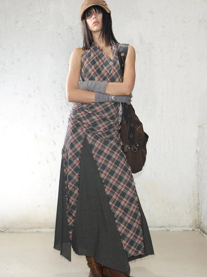 Vintage Plaid Wool Blend Sleeveless Slip Maxi Dress