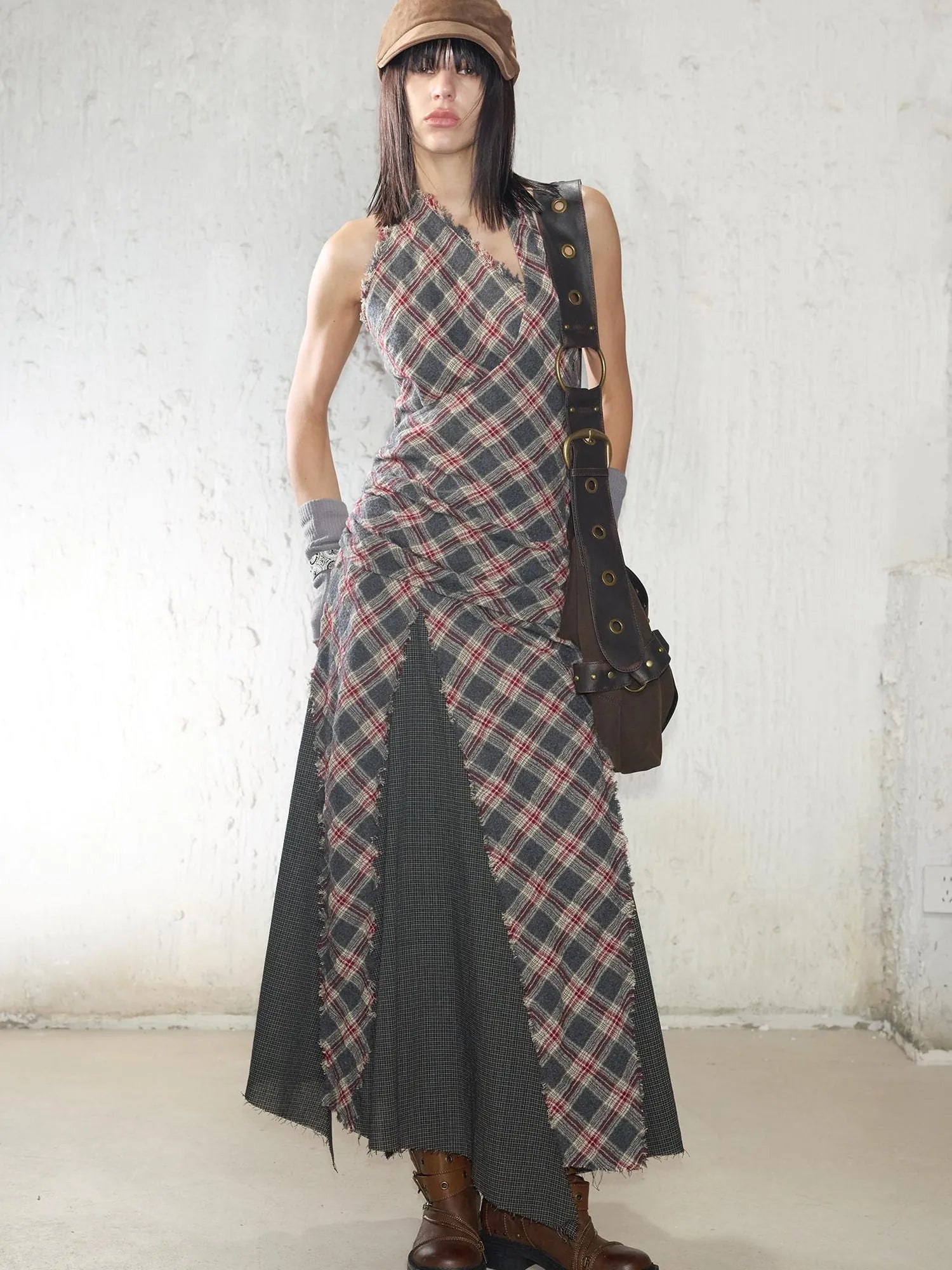 Vintage Plaid Wool Blend Sleeveless Slip Maxi Dress