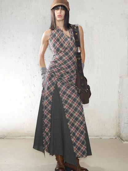 Vintage Plaid Wool Blend Sleeveless Slip Maxi Dress