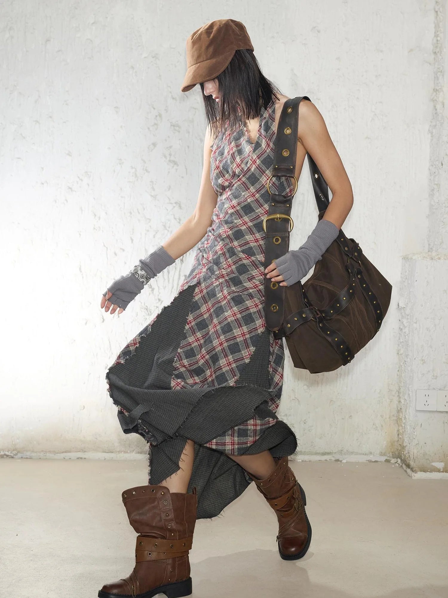 Vintage Plaid Wool Blend Sleeveless Slip Maxi Dress