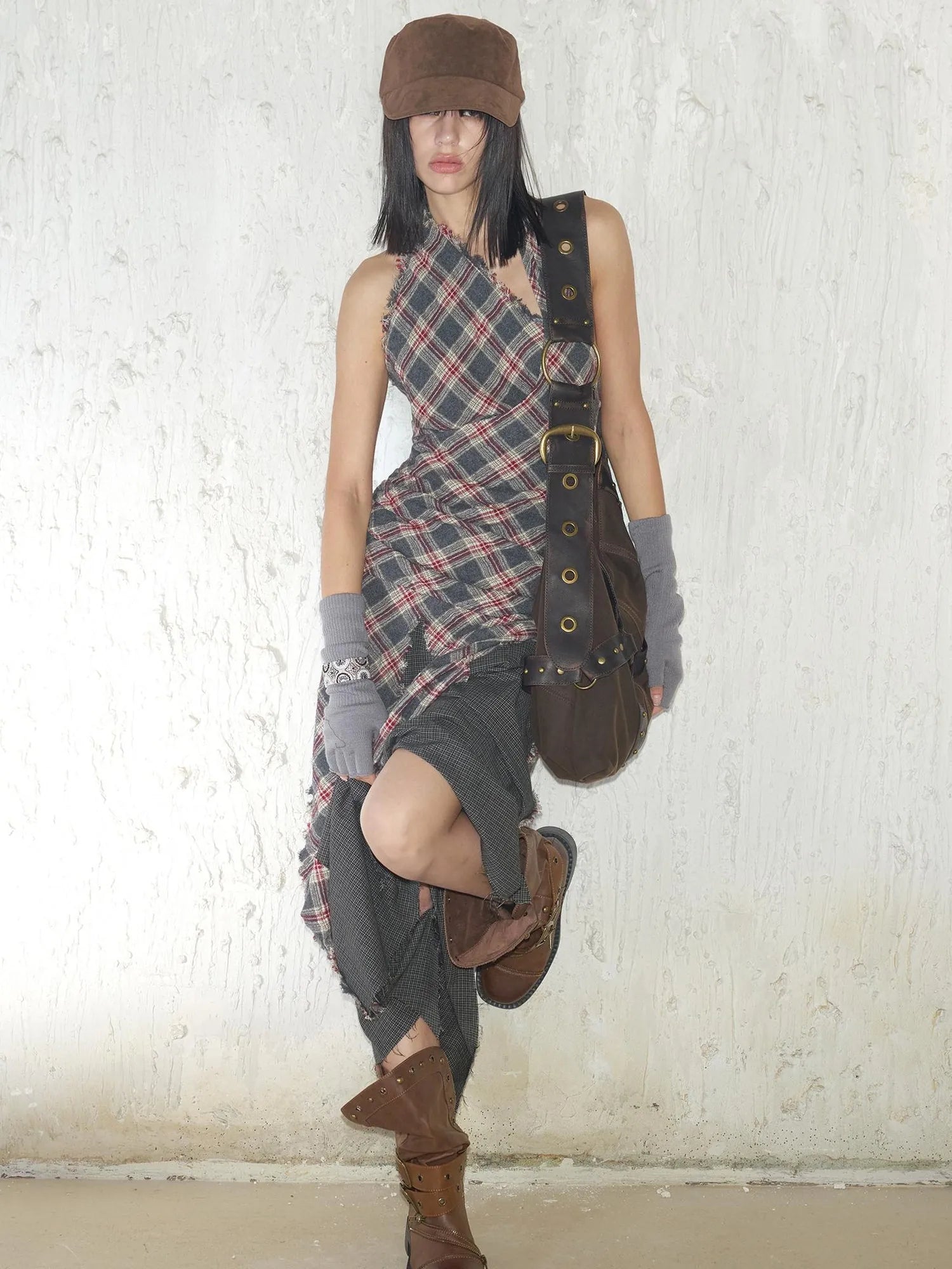 Vintage Plaid Wool Blend Sleeveless Slip Maxi Dress