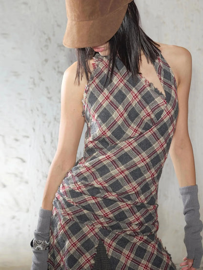 Vintage Plaid Wool Blend Sleeveless Slip Maxi Dress