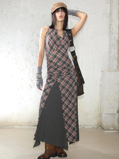 Vintage Plaid Wool Blend Sleeveless Slip Maxi Dress