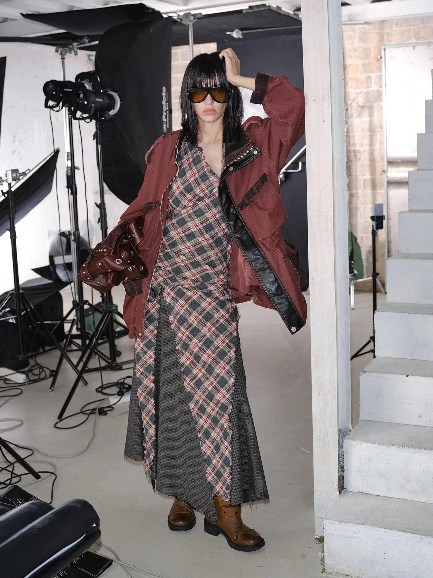 Vintage Plaid Wool Blend Sleeveless Slip Maxi Dress