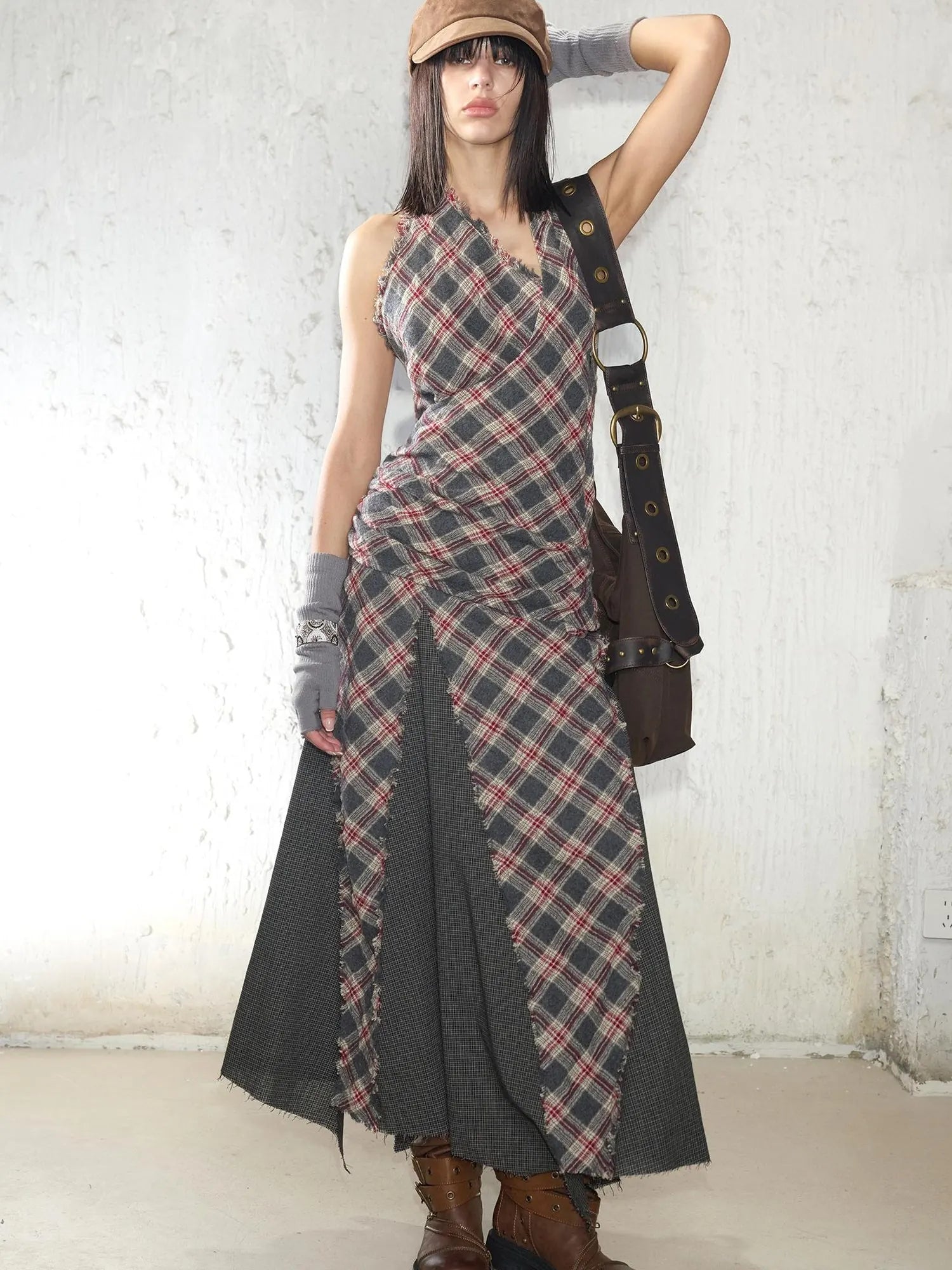 Vintage Plaid Wool Blend Sleeveless Slip Maxi Dress