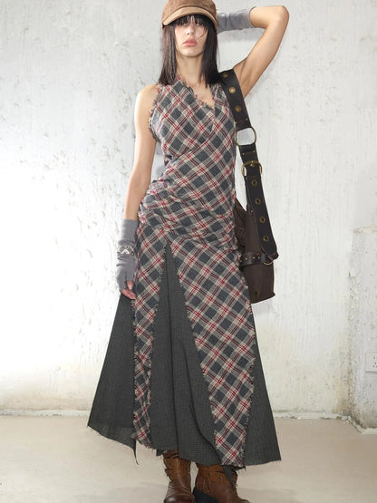 Vintage Plaid Wool Blend Sleeveless Slip Maxi Dress