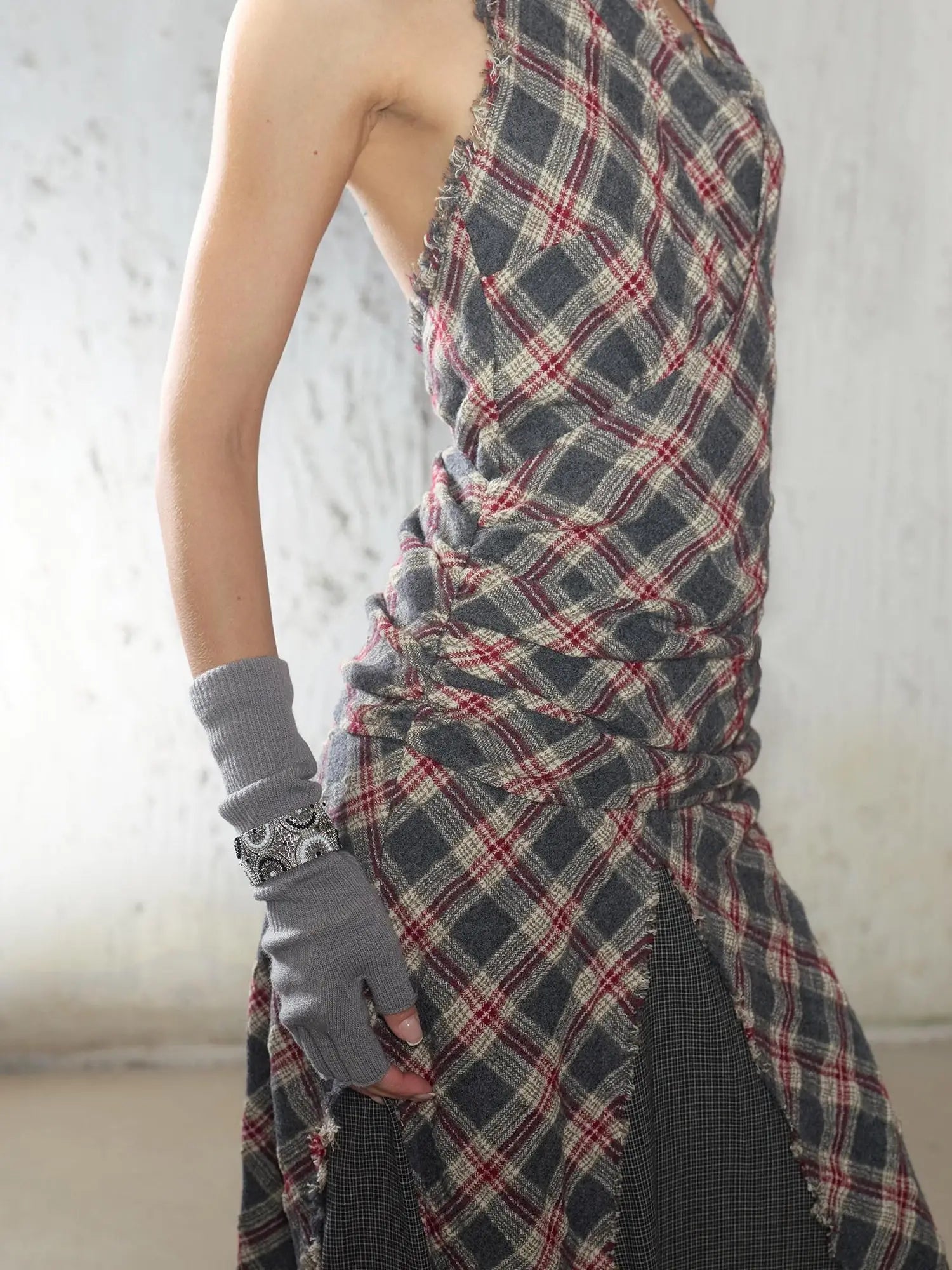 Vintage Plaid Wool Blend Sleeveless Slip Maxi Dress