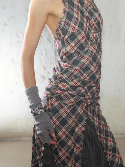 Vintage Plaid Wool Blend Sleeveless Slip Maxi Dress