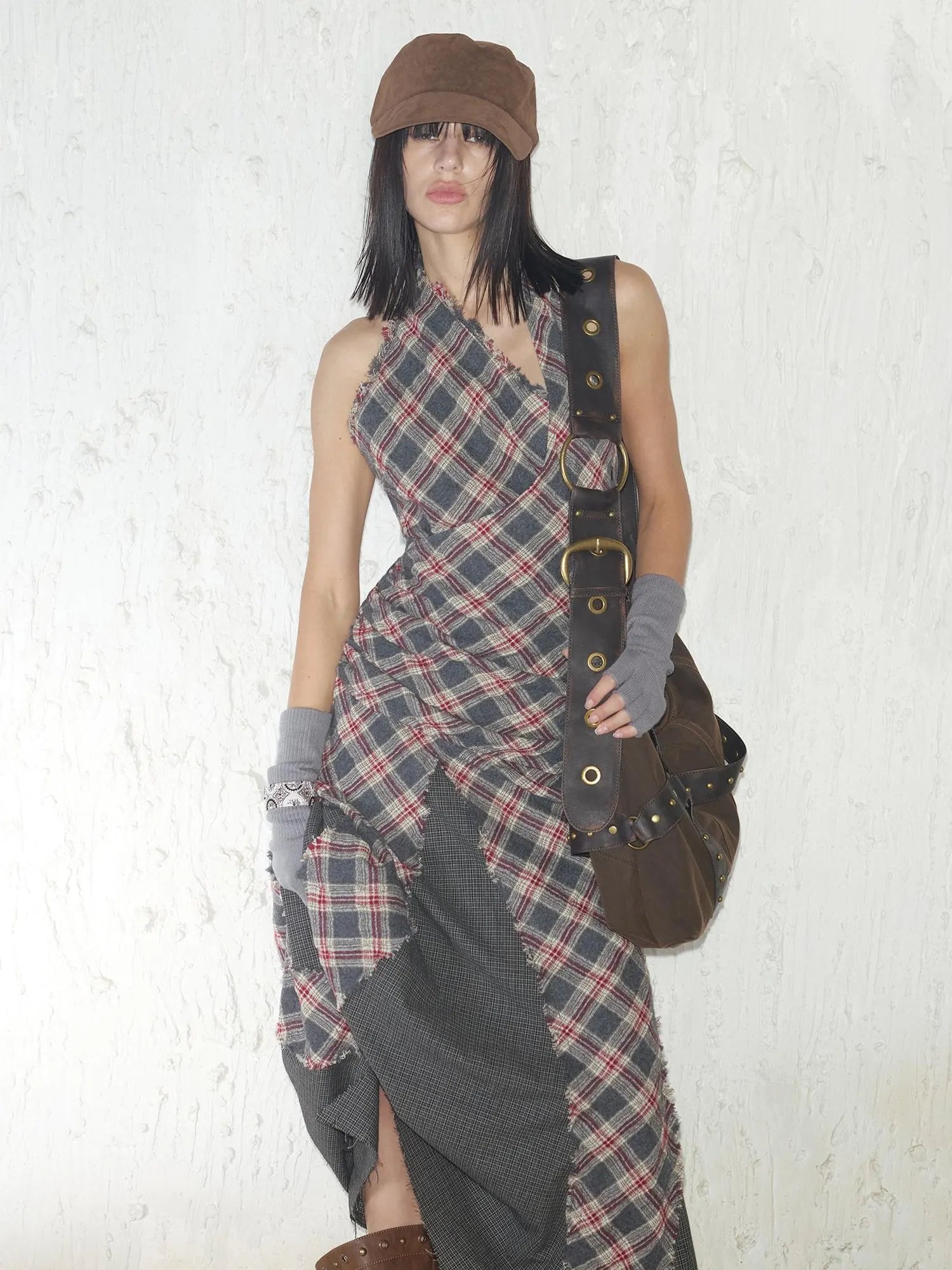 Vintage Plaid Wool Blend Sleeveless Slip Maxi Dress