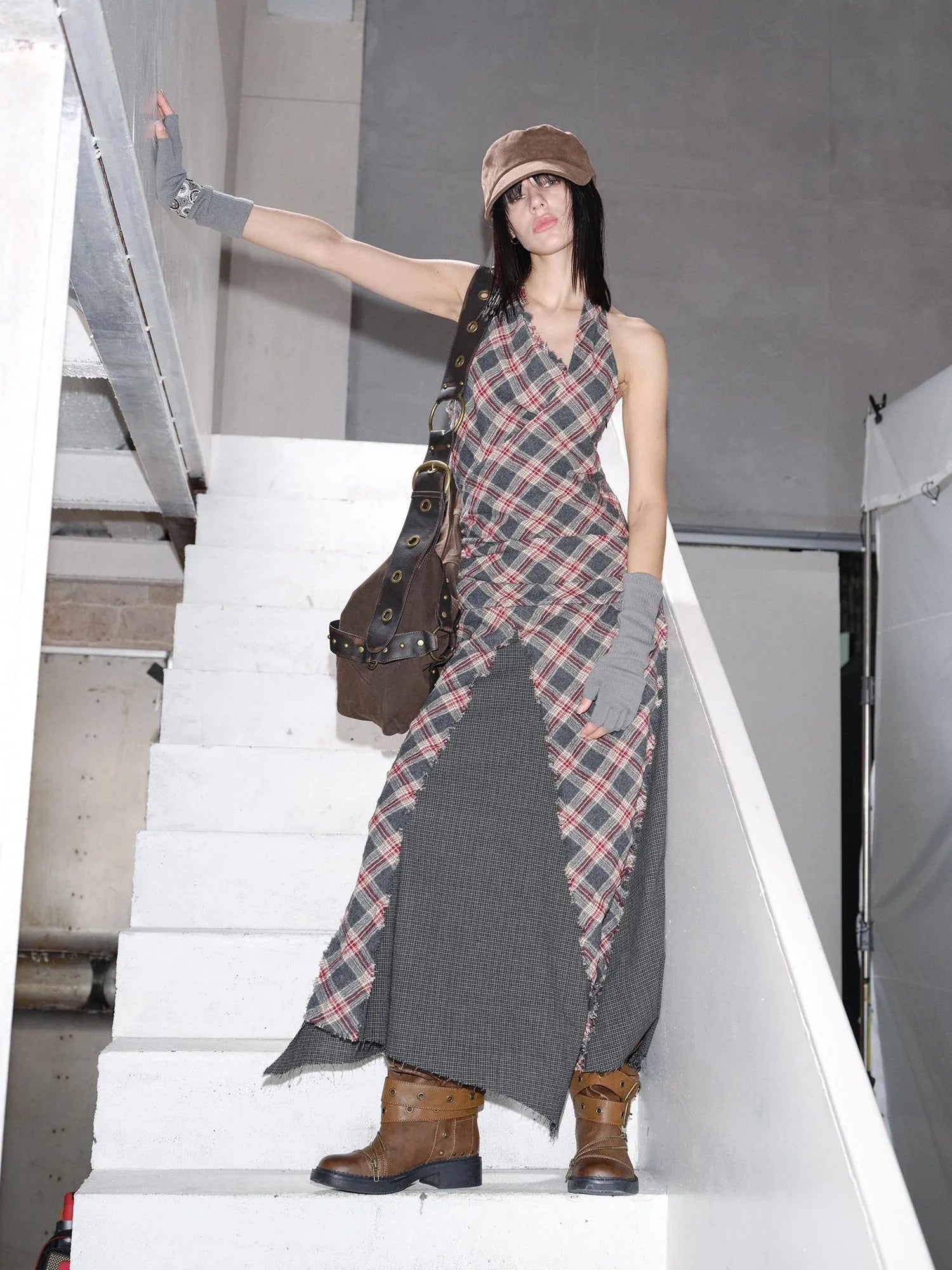 Vintage Plaid Wool Blend Sleeveless Slip Maxi Dress