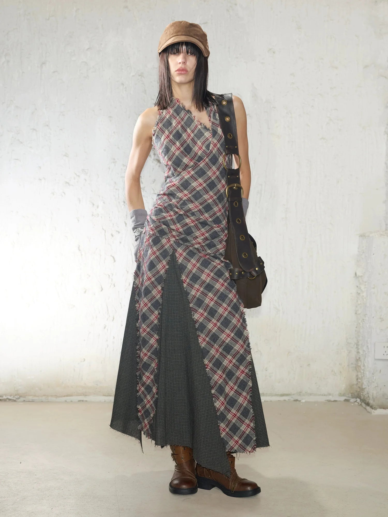 Vintage Plaid Wool Blend Sleeveless Slip Maxi Dress