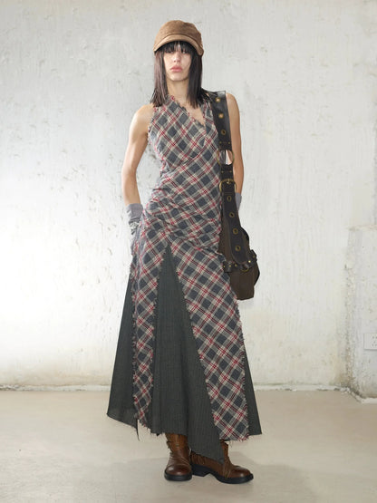 Vintage Plaid Wool Blend Sleeveless Slip Maxi Dress