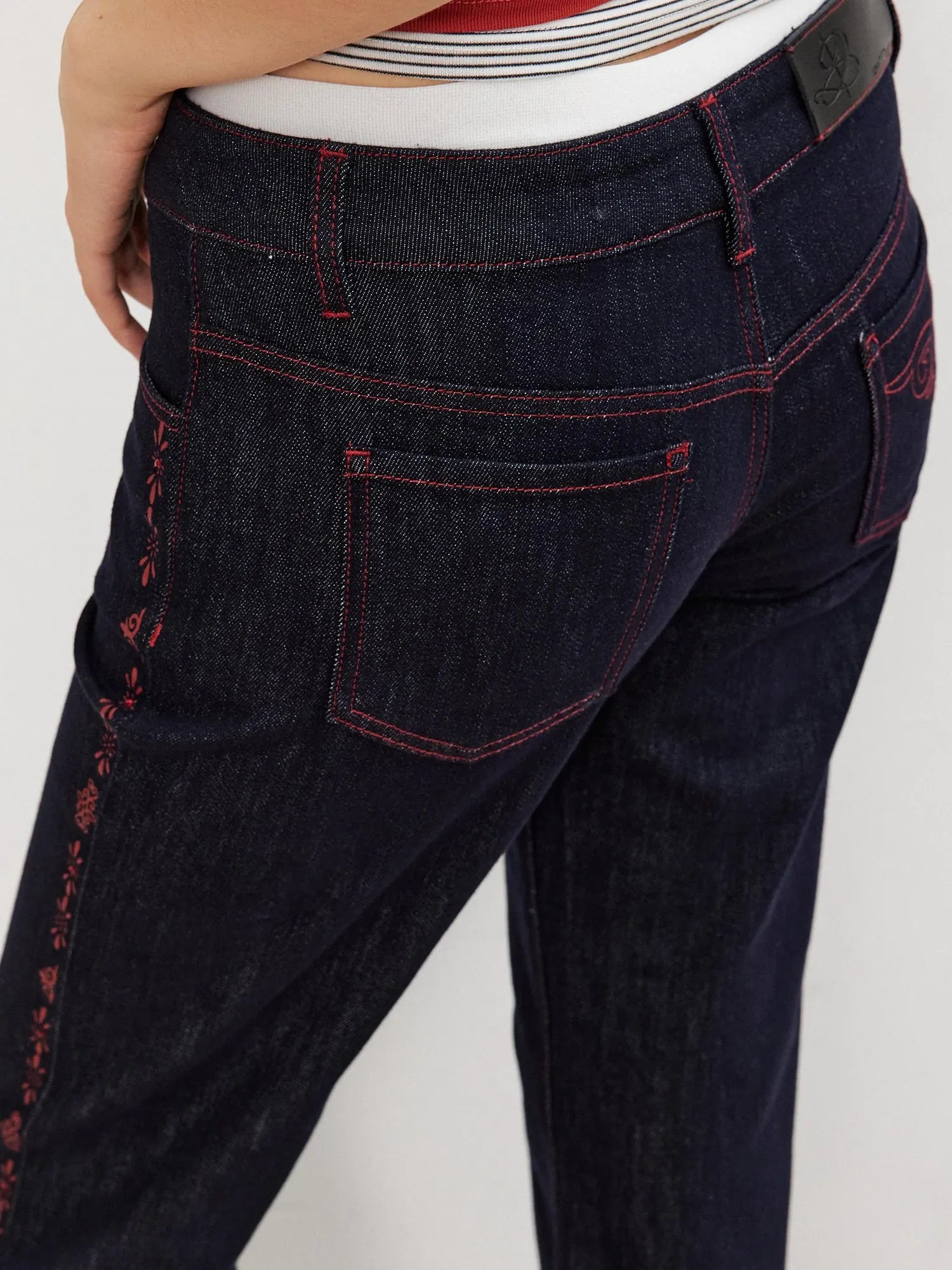 Vintage Red Stripe Rhinestone Print Low Rise Straight Jeans