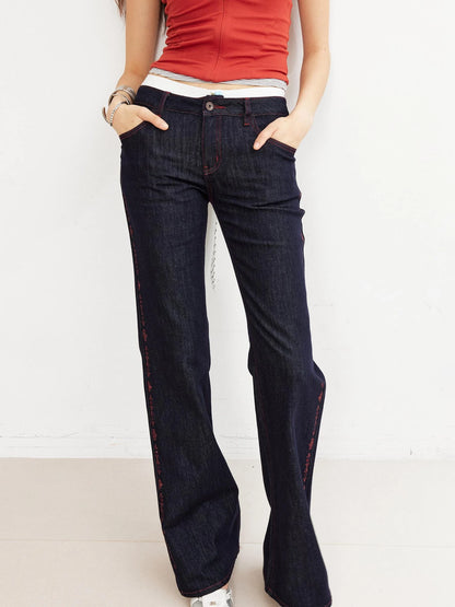 Vintage Red Stripe Rhinestone Print Low Rise Straight Jeans