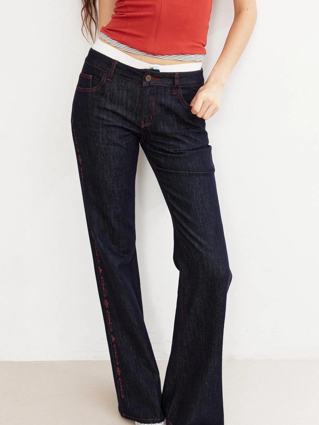 Vintage Red Stripe Rhinestone Print Low Rise Straight Jeans